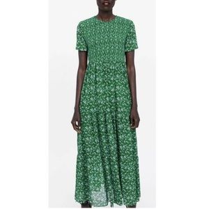 Zara Floral Green Blue Smocked Maxi Dress